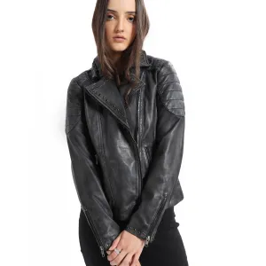 Black Embroidered Biker LEATHER Jacket