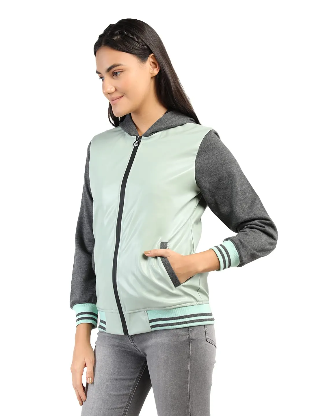 CHKOKKO Women Winter Sports Zipper Hooded Stylish Jacket LightGreenAnthra S