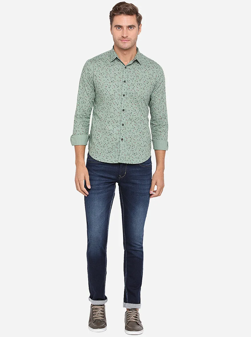 Dusty Green Printed Slim Fit Casual Shirt | Greenfibre