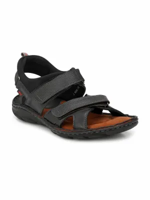 Hitz Men's Black Leather Comfort Sandals with Velcro Closure