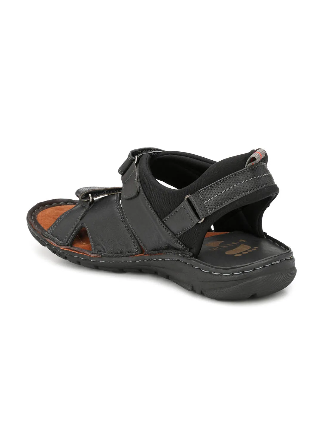 Hitz Men's Black Leather Comfort Sandals with Velcro Closure