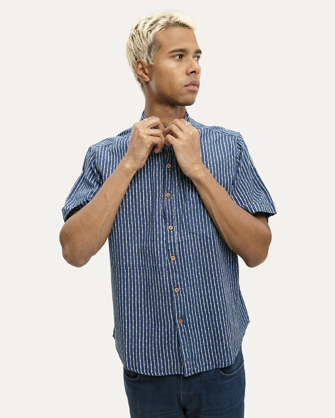 Mitra Indigo Short Sleeve Button Down