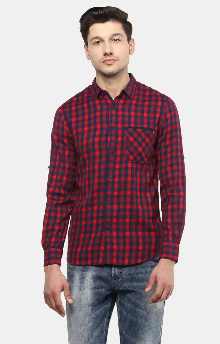 Spykar Men Red Cotton Slim Fit Checkered Shirts