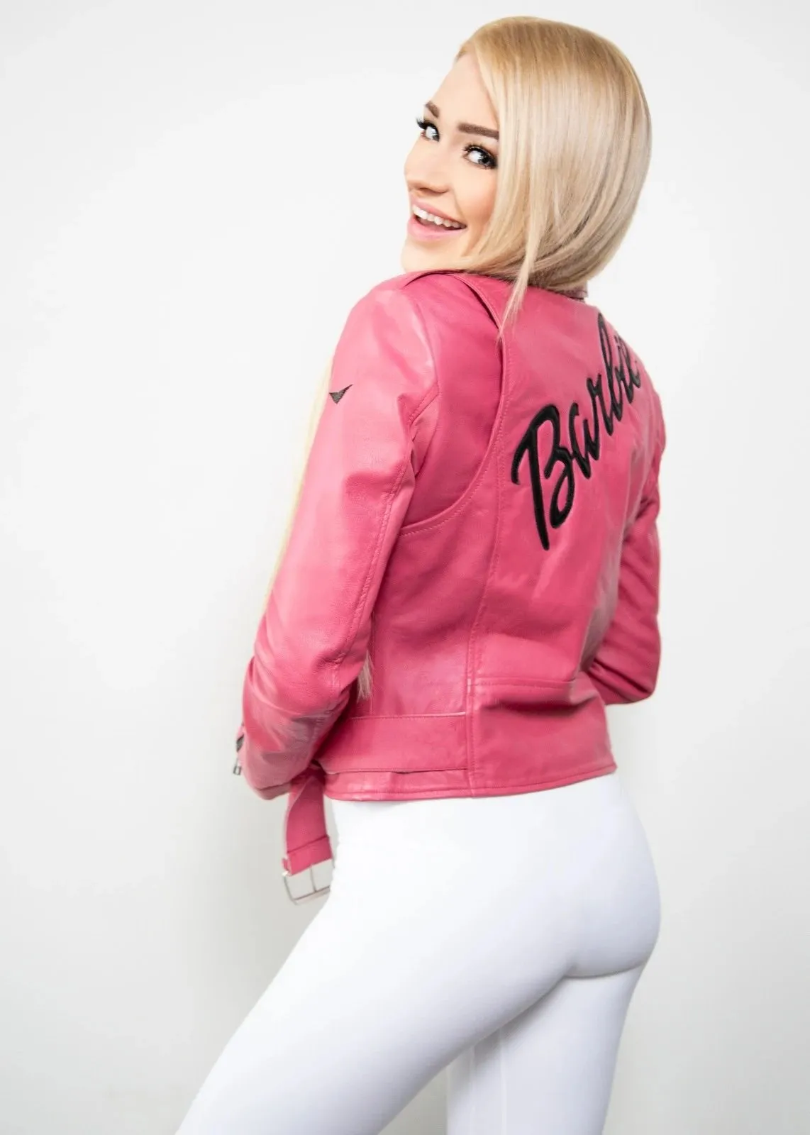 WOMENS STYLISH PINK BIKER LEATHER JACKET