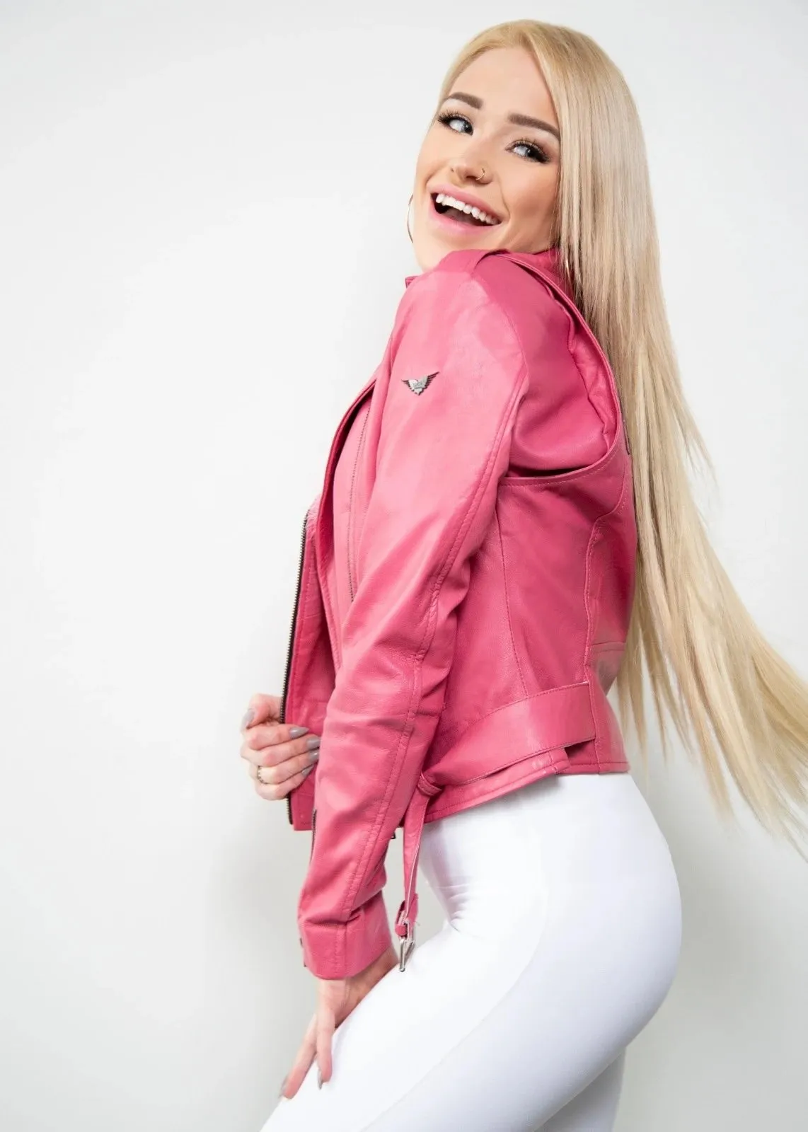 WOMENS STYLISH PINK BIKER LEATHER JACKET